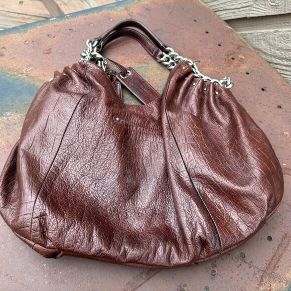 Vintage b. makosky Brown Crocodile Large Leather Hobo Bag with Heavy Chains - Picture 2 of 8